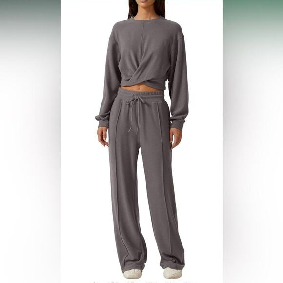 Pants - Women 2 Piece Outfits Sweatpants Set Twist Front Cropped Sweatshirt Wide Leg M